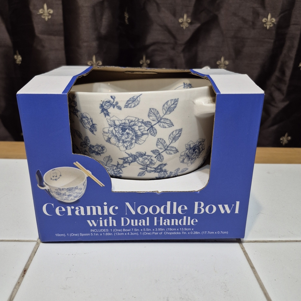 Blue Floral Ceramic Noodle Bowl with Dual Handle